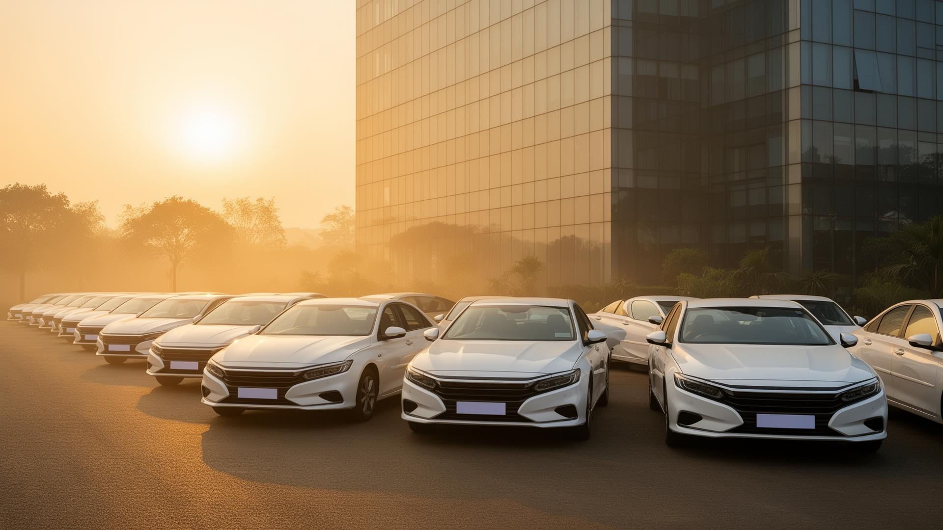 Sun Square Travel corporate employee transportation fleet at sunrise